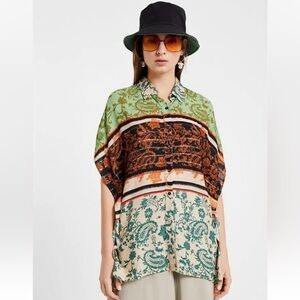 NWT Desigual Boho Green Boxy Button Down Polo Collar Shirt & Metallic Thread